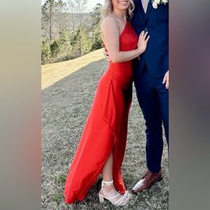 Red One Shoulder Satin High Split Cocktail Fit Wedding Party Maxi Formal Dress